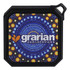 A square Bluetooth speaker with a vibrant circular pattern in blues, yellows, and oranges, featuring a logo.