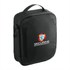 A black tech case featuring a logo, designed for storing headphones and various tech accessories.