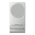 A silver wireless charging stand with a circular charging pad and a sleek, minimalist design. Includes a logo.