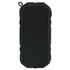 A black waterproof Bluetooth speaker with a rugged design and a logo on the front.