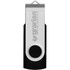 A silver and black USB flash drive with a swivel design and a logo on one side.