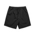 Black sports shorts featuring an elastic waistband and a drawstring, with a logo on one side.