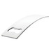 A drink bottle opener in a sleek silver finish with a curved design and a bottle-cap-shaped cutout. It features a logo.