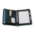 A compact A5 black leather compendium featuring a notepad, multiple pockets, and a pen holder, with a zippered section.