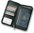 A black leather travel wallet featuring pockets for cards and a space for a passport. Includes a branded logo.