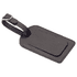 A black covered luggage tag with a strap, featuring a smooth, rectangular design and a logo.