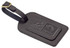 A black covered luggage tag with a leather finish and two logos embossed on the surface.