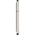 A stylus pen in silver with black tips at both ends and a minimalistic design. It includes a logo.