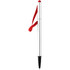 A silver stylus pen with a red rubber tip and a red elastic band attached. It features a brand logo.