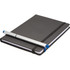 A sleek black notebook with a silver and blue stylus pen resting on top, featuring a logo on the pen.