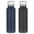 A drink bottle set featuring a navy blue and a black insulated design, both with a handle and a logo.