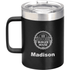 A black thermal mug with a stainless steel lid, featuring a logo and the name “Madison” printed on it.