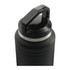 A drink bottle in black with a silver band, featuring a sturdy handle and a twist-off lid. Branding is visible.
