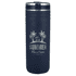 A drink bottle in navy blue with a straw, featuring a palm tree design and a logo.
