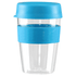 A drink bottle featuring a clear body, blue lid, and blue silicone band, designed for convenient use.