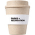 A drink bottle resembling a coffee cup, made from a bamboo mix in a light beige colour, with a logo on its sleeve.