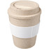 A drink bottle in beige with a white silicone band, featuring a lid. It has a logo on the surface.
