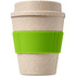 A reusable coffee cup in a speckled beige colour with a green silicone band. It has a simple design and a logo.