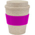 A drink bottle in a light beige colour with a purple silicone grip, designed for reusable coffee use.