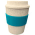 A drink bottle in a speckled cream colour with a turquoise silicone grip, designed as a reusable coffee cup.