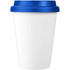 A drink bottle featuring a white body and blue lid, designed as an antibacterial insulated tumbler.