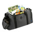 A dark grey duffel bag made from recycled material, filled with various items including drinks and sport-related supplies.