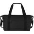 A black recycled canvas sports bag with dual handles and an adjustable shoulder strap. It features a front zip pocket.