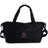 A black duffle bag with sturdy handles, features a front pocket and has a logo on the side. Ideal for sports or travel.