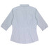 A button-up shirt in light blue with vertical stripes and 3/4 sleeves. Features a collar and has a logo.