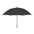 A black recycled golf umbrella with a wooden handle and a sturdy frame. It features a branding logo.