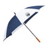 A navy and white recycled golf umbrella with a wooden handle and a logo on the canopy.
