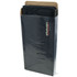 A slim black travel wallet packaged in a transparent cover, featuring a logo on one side.