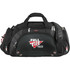 A black duffel bag with multiple compartments, featuring a logo and adjustable shoulder strap.