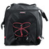 A black duffel bag with red accents featuring a bungee cord design on the front and multiple zippered compartments.