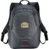 A black backpack with various compartments and a logo. It features padded shoulder straps and a sleek design.