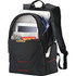 A black laptop backpack with multiple compartments, including space for a tablet, pens, and a passport.