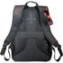 A black backpack with red accents and sunglasses resting on one strap. It features padded back support and has a logo.