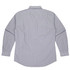 A long sleeve button-up shirt in blue and white stripes with a classic collar and cuffed sleeves. It has a logo.