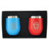 A drinkware gift set featuring two insulated cups, one blue and one red, in a black presentation box.