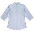 A light blue button-up shirt with 3/4 sleeves and a fitted design, featuring a logo on the label.