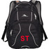 A black backpack with multiple compartments and a logo, featuring mesh straps and red lettering.