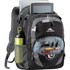 A black and grey backpack featuring multiple compartments, pockets, a drink bottle holder, and a logo.