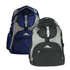 A blue and grey backpack alongside a black and grey backpack, both featuring a logo and multiple compartments.