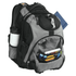 A black and grey backpack with multiple compartments, a drink bottle holder, and various coloured items in the front pocket.