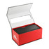 A black speaker and power bank inside a red box with a white interior and branding.