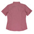 A short-sleeve button-up shirt in a light pink hue, featuring a back yoke and shaping seams. It has a logo.