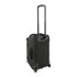 A black wheeled duffel bag with a retractable handle and wheels, featuring side pockets and a logo.