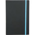 A black journal with a teal elastic band, featuring a sleek, minimalist design and a logo on the cover.