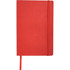 A red soft bound journal with an elastic closure and a ribbon bookmark.