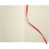A soft bound journal with blank lined pages and a red ribbon bookmark in a neutral cover.
